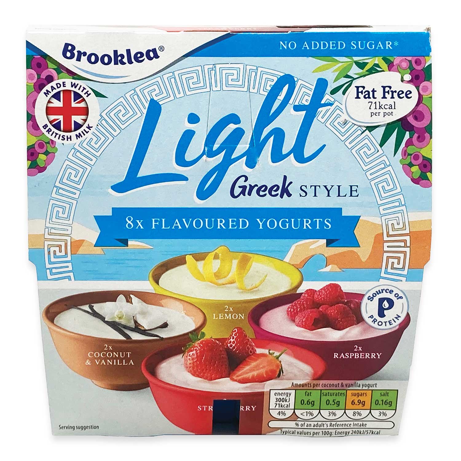 Brooklea Fat Free Greek Style Yogurt, Coconut & Vanilla, Strawberry, Raspberry 8x125g